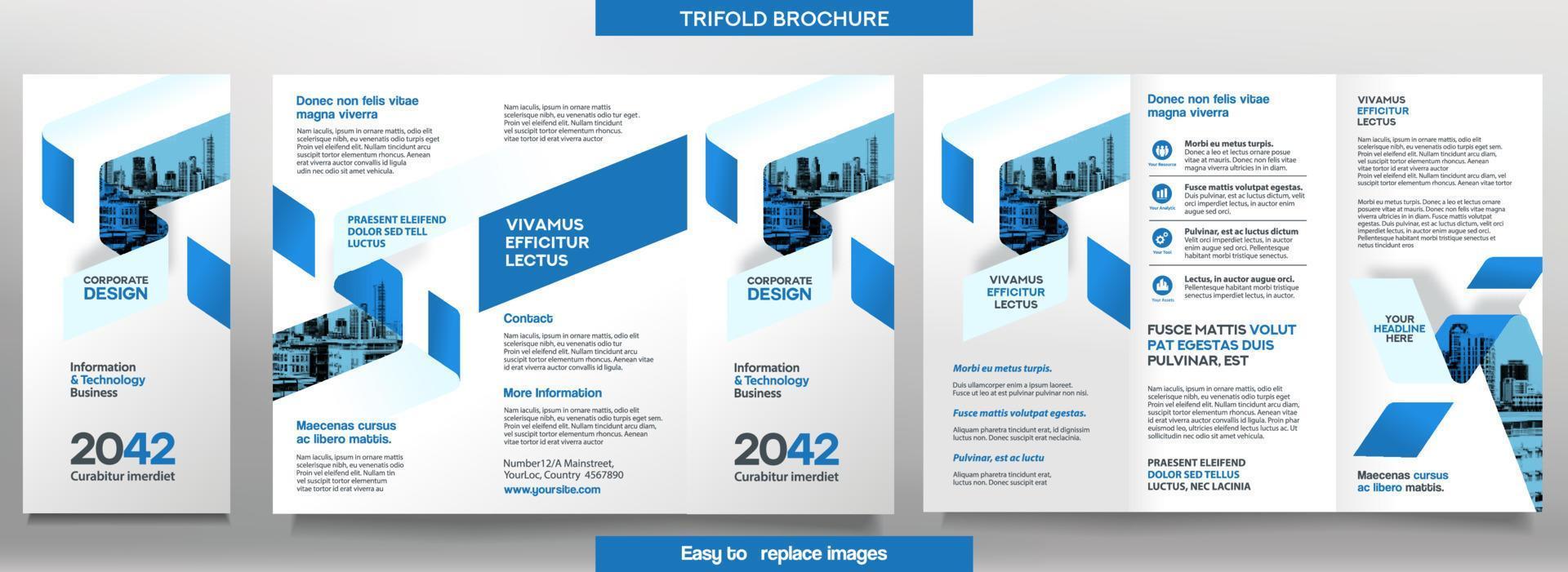 Plantilla de folleto comercial en diseño tríptico. Folleto de diseño corporativo con imagen reemplazable. vector