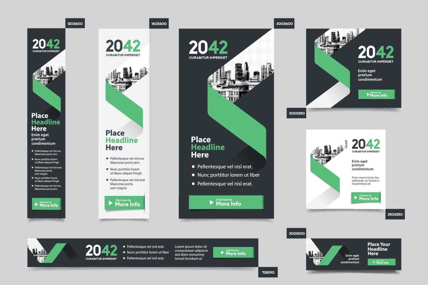 Plantilla de banner web corporativo de fondo de ciudad en varios tamaños. fácil de adaptar a folletos, informes anuales, revistas, carteles, medios publicitarios corporativos, volantes, sitios web. vector