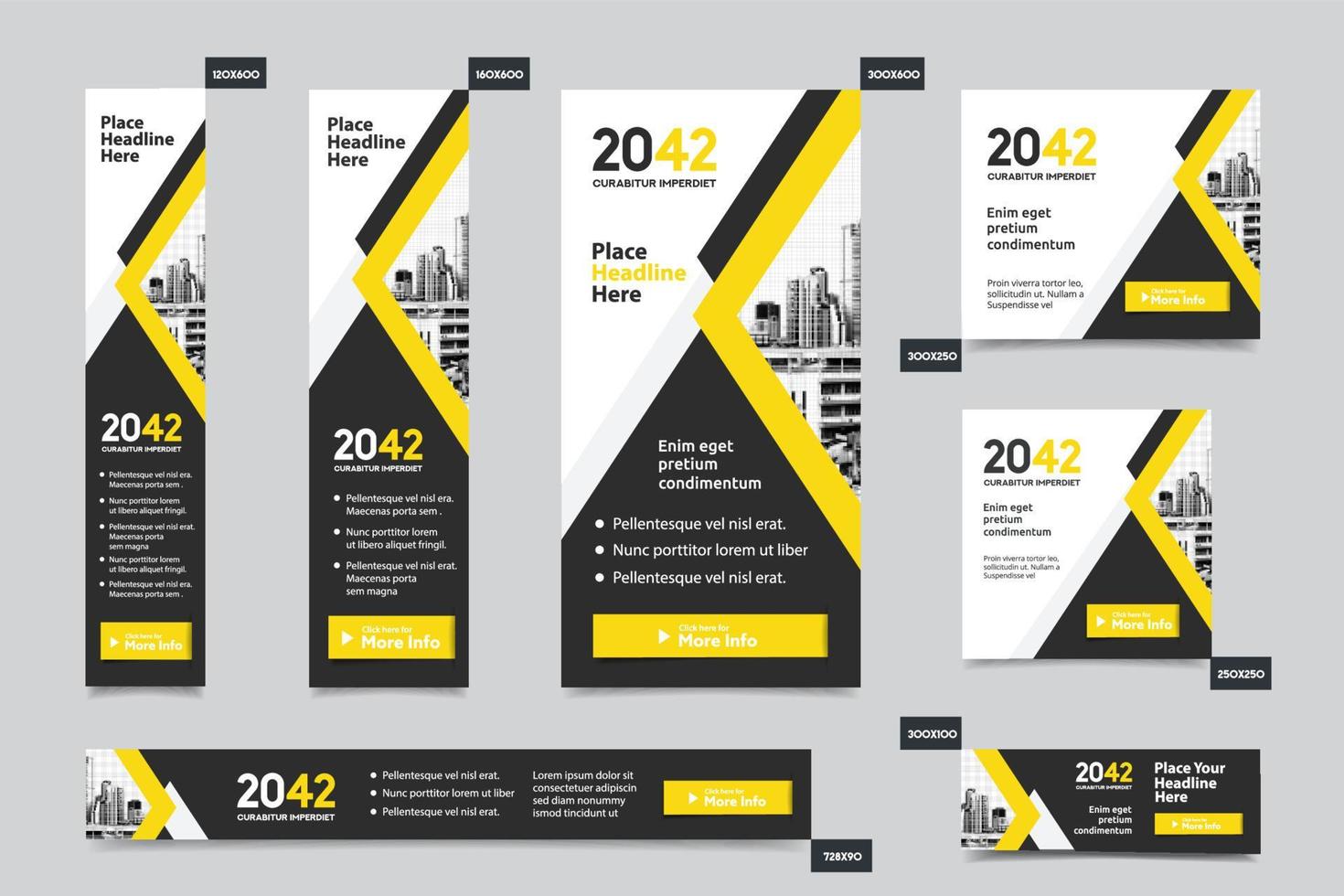 Plantilla de banner web corporativo de fondo de ciudad en varios tamaños. fácil de adaptar a folletos, informes anuales, revistas, carteles, medios publicitarios corporativos, volantes, sitios web. vector