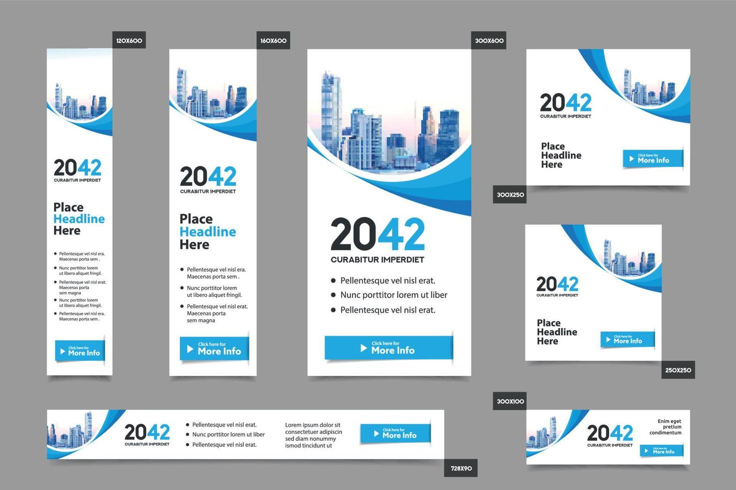 Plantilla de banner web corporativo de fondo de ciudad en varios tamaños. fácil de adaptar a folletos, informes anuales, revistas, carteles, medios publicitarios corporativos, volantes, sitios web. vector