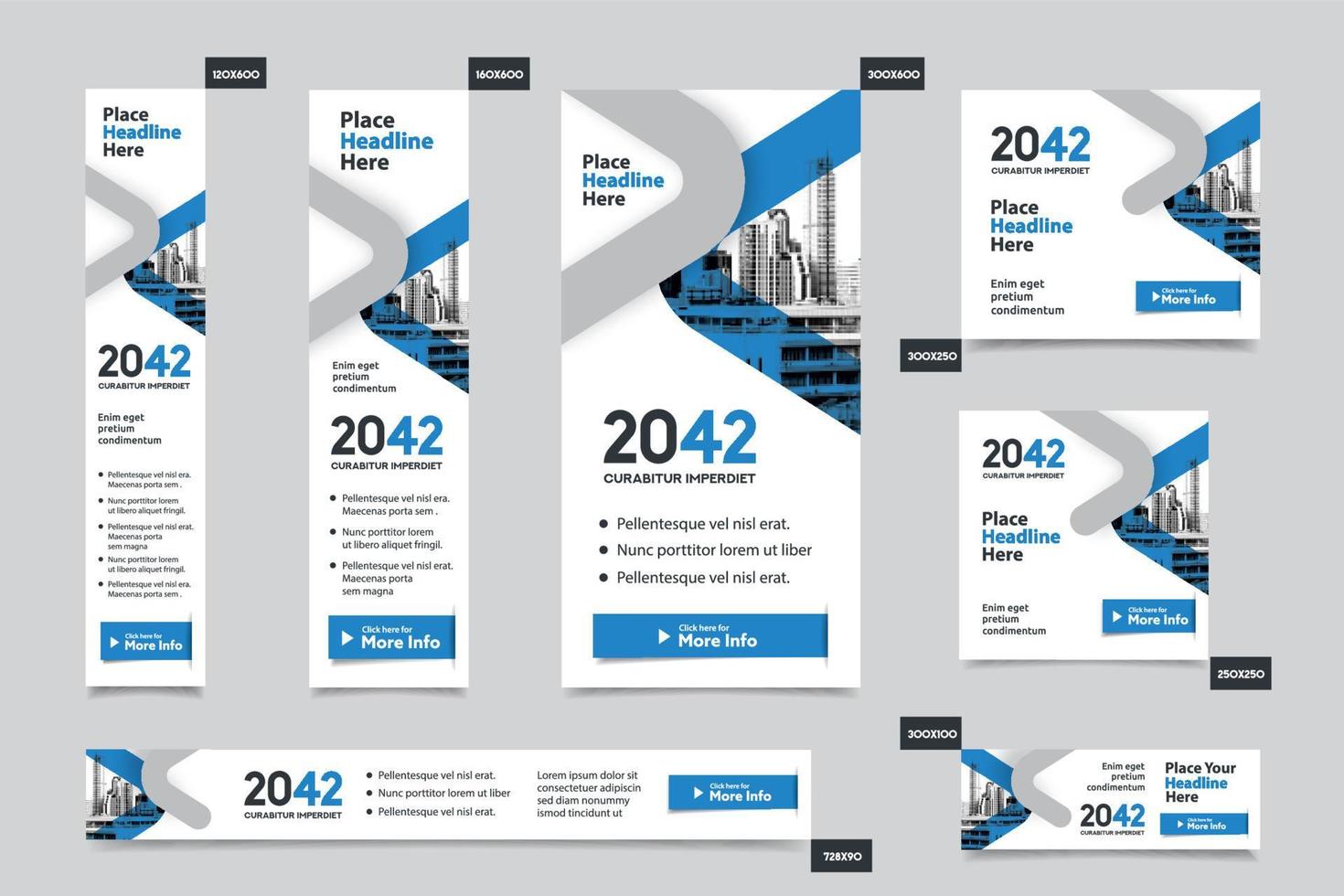 Plantilla de banner web corporativo de fondo de ciudad en varios tamaños. fácil de adaptar a folletos, informes anuales, revistas, carteles, medios publicitarios corporativos, volantes, sitios web. vector