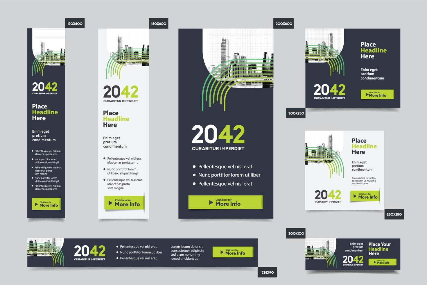 Plantilla de banner web corporativo de fondo de ciudad en varios tamaños. fácil de adaptar a folletos, informes anuales, revistas, carteles, medios publicitarios corporativos, volantes, sitios web. vector