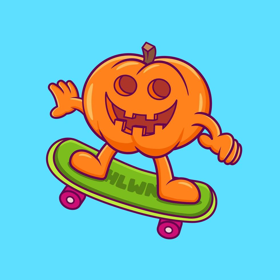 calabaza jugando ilustración de vector de dibujos animados de patineta. vector aislado de estilo de dibujos animados plana