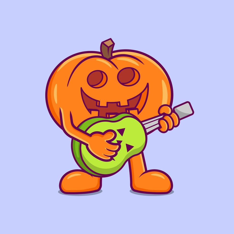 Pumpkin Playing Guitar Cartoon Vector Illustration. Halloween Flat cartoon style isolated Vector.