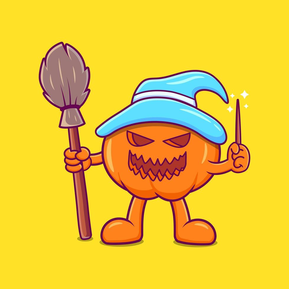 Cute Pumpkin Holding Broom Cartoon Vector Illustration. Halloween Flat cartoon style Vector.