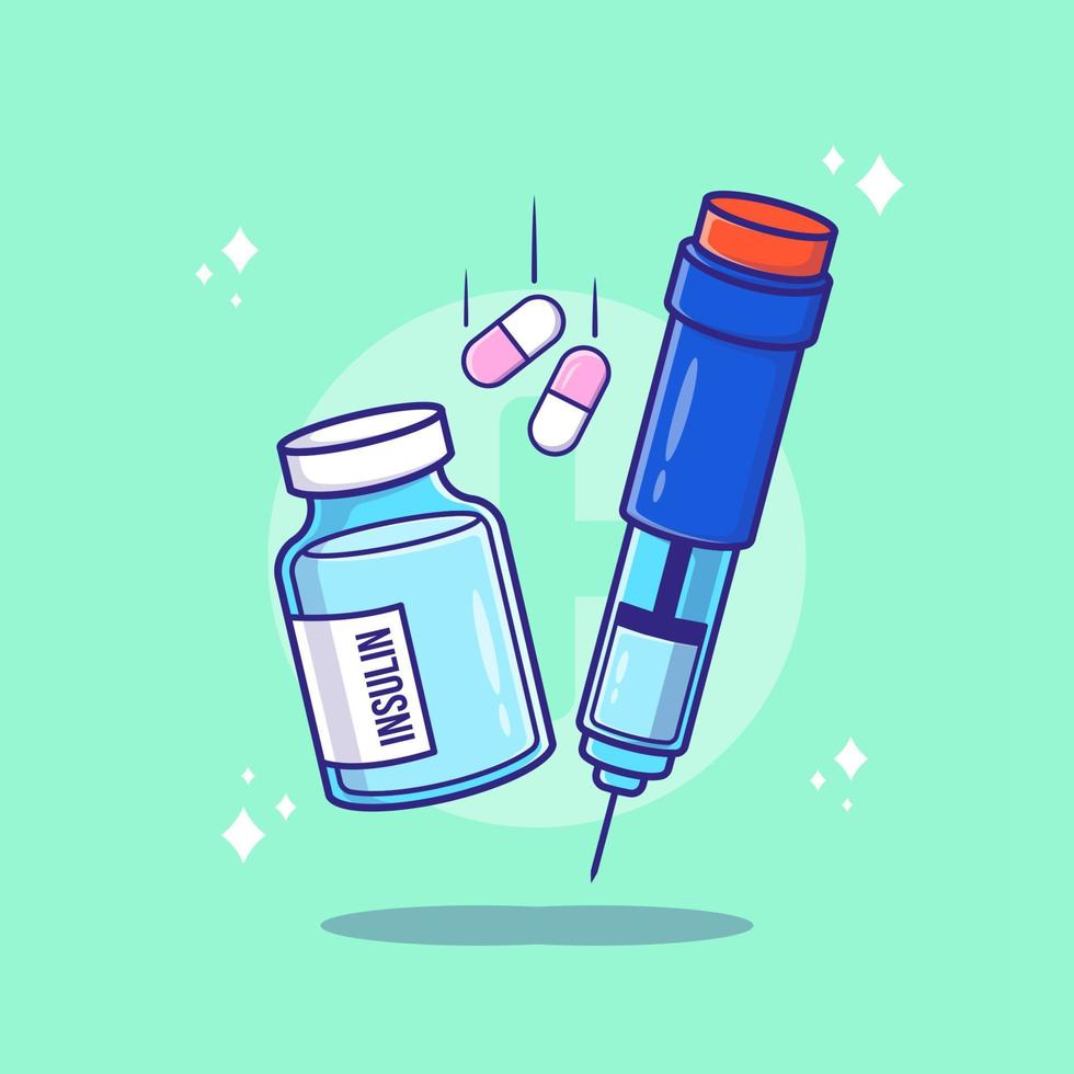 Cute Insulin Bottle and Syringe cartoon vector illustration. Diabetes concept isolated pro vector.