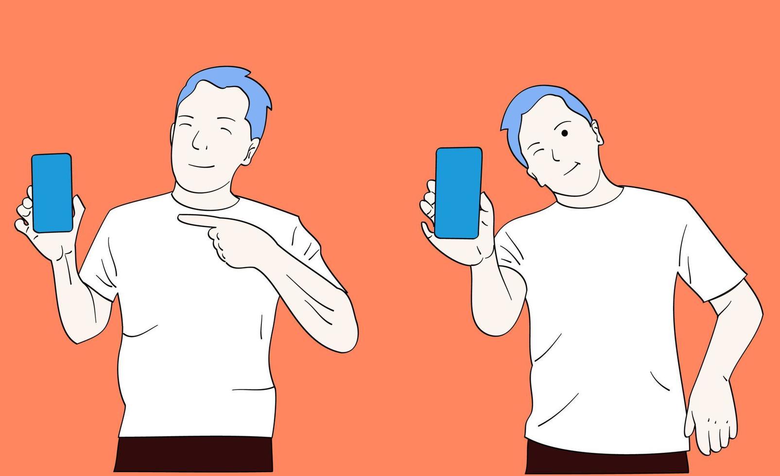 hombre de rostro feliz mostrando su teléfono inteligente. ilustraciones de diseño de vectores de estilo dibujado a mano.