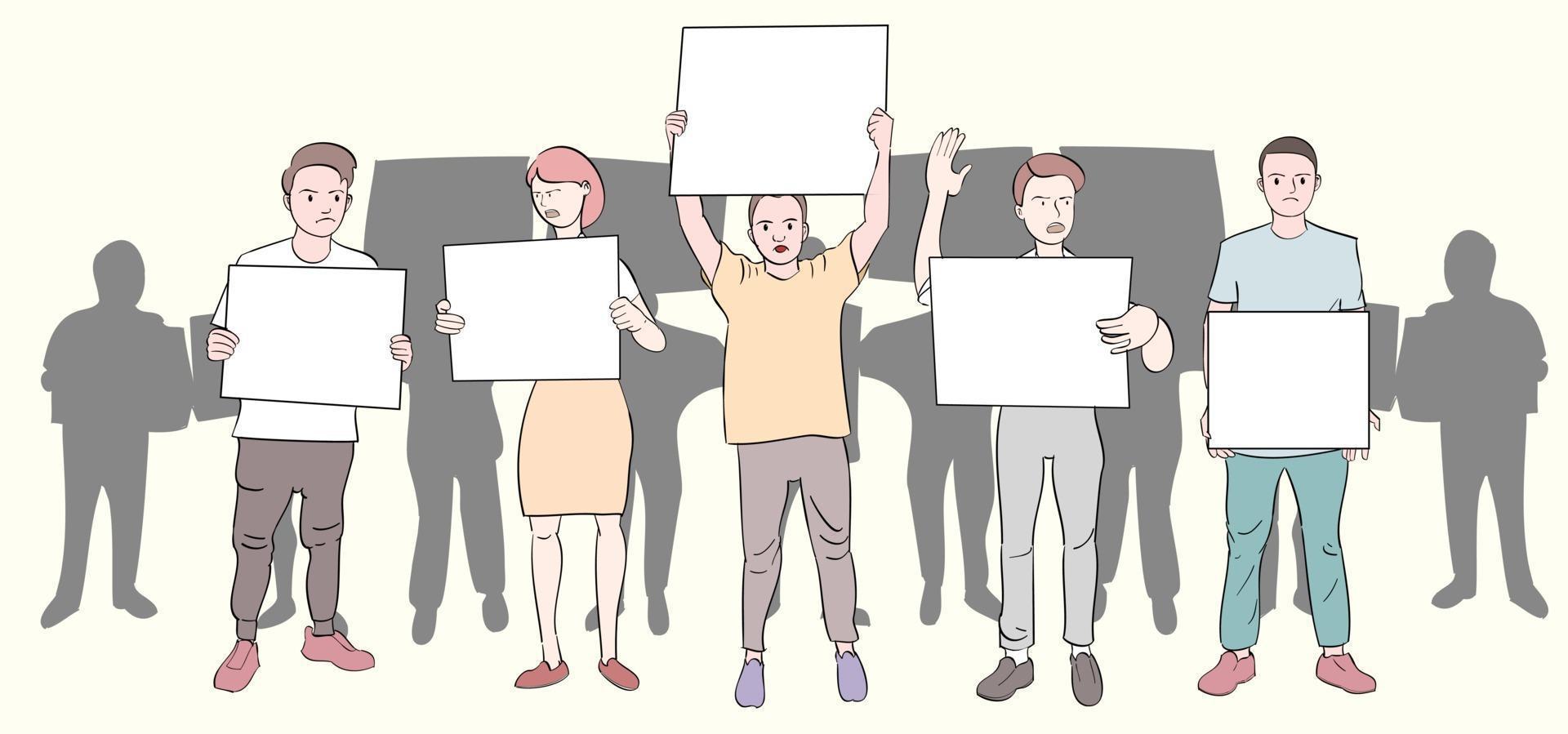 Group of people protesting vector flat illustration. Young men holding empty placards and protesting. Social movement, demonstration, protest, activism, voting concept