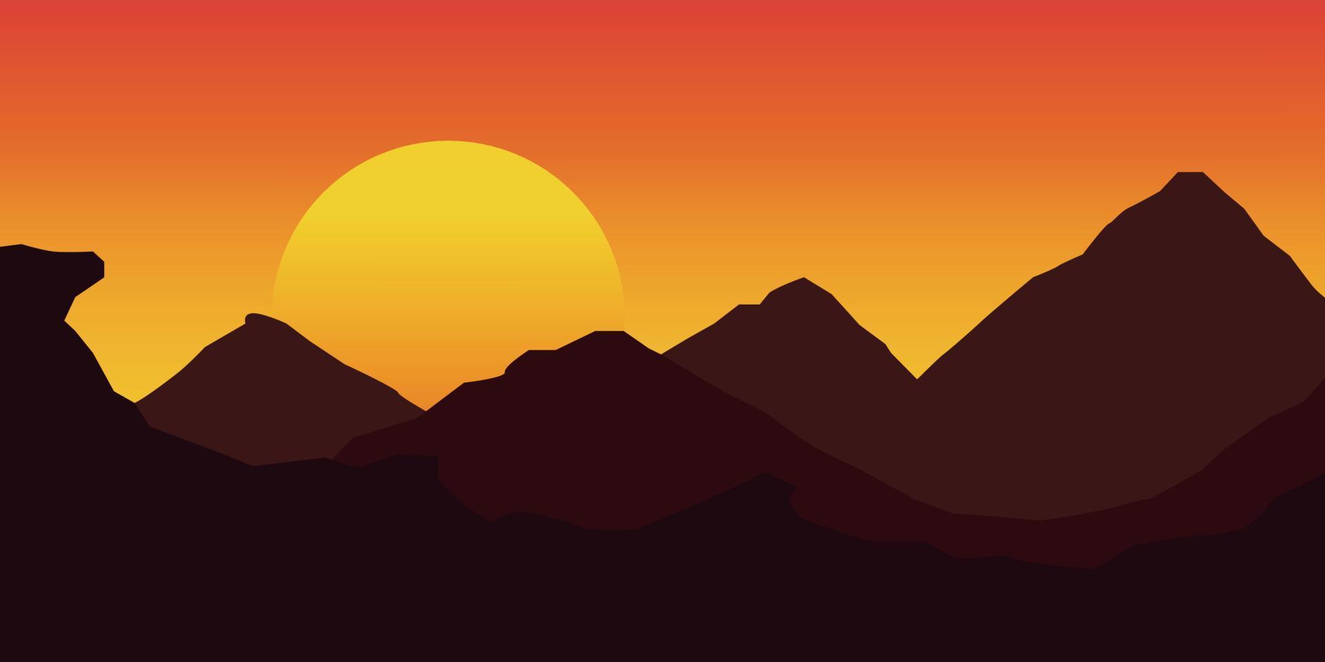 Sunset flat mountains background vector