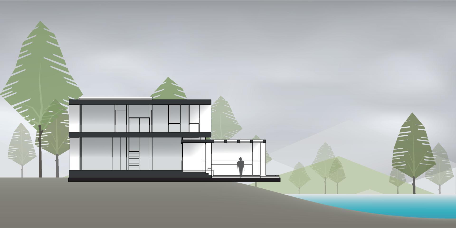 Sección de casa moderna con lago y fondo verde área natural. vector. vector
