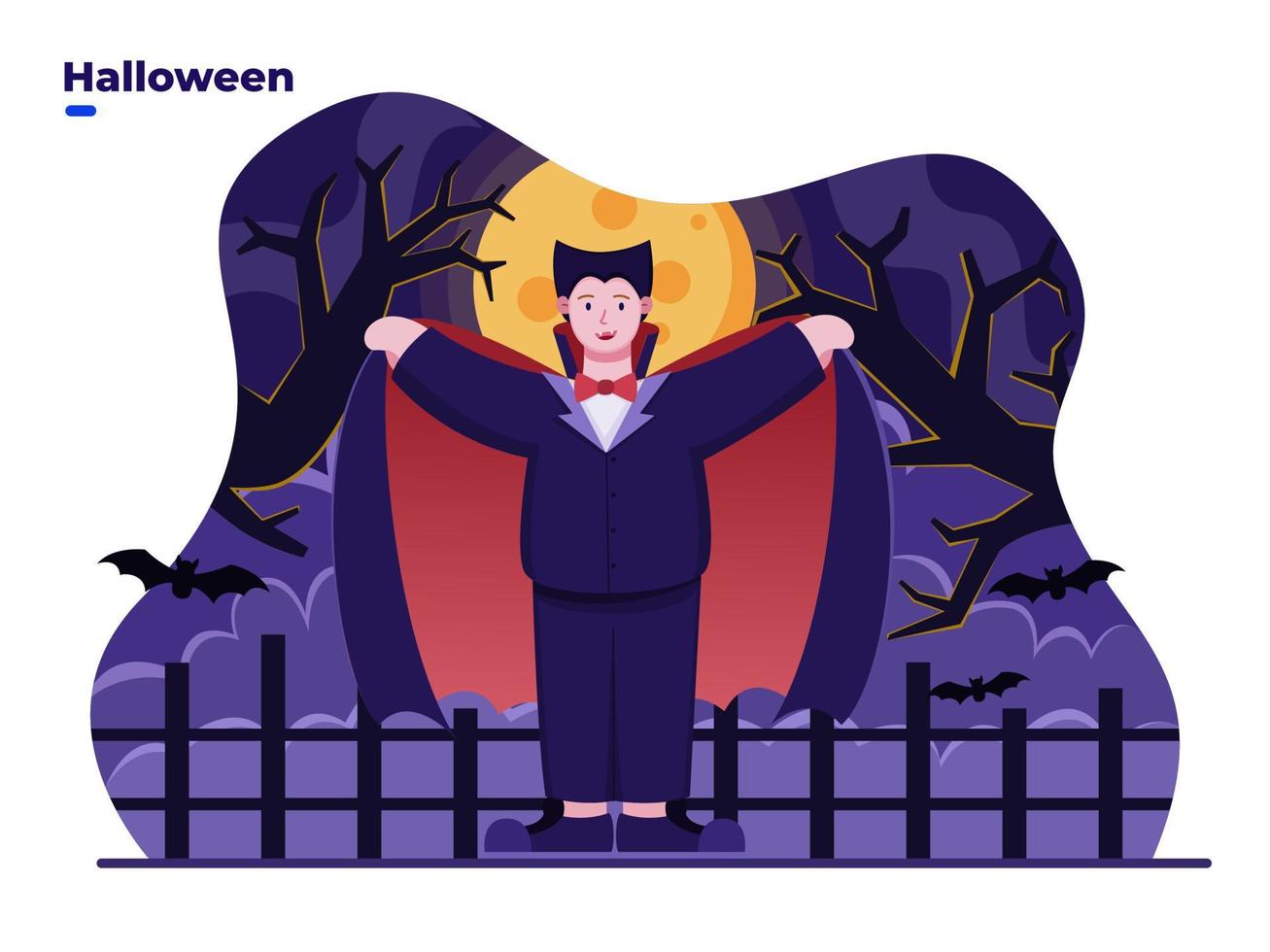 Flat illustration Kids wearing Vampire costume to celebrate Halloween day. Happy halloween day. Can be used for greeting card, postcard, invitation, banner, poster, social media. vector