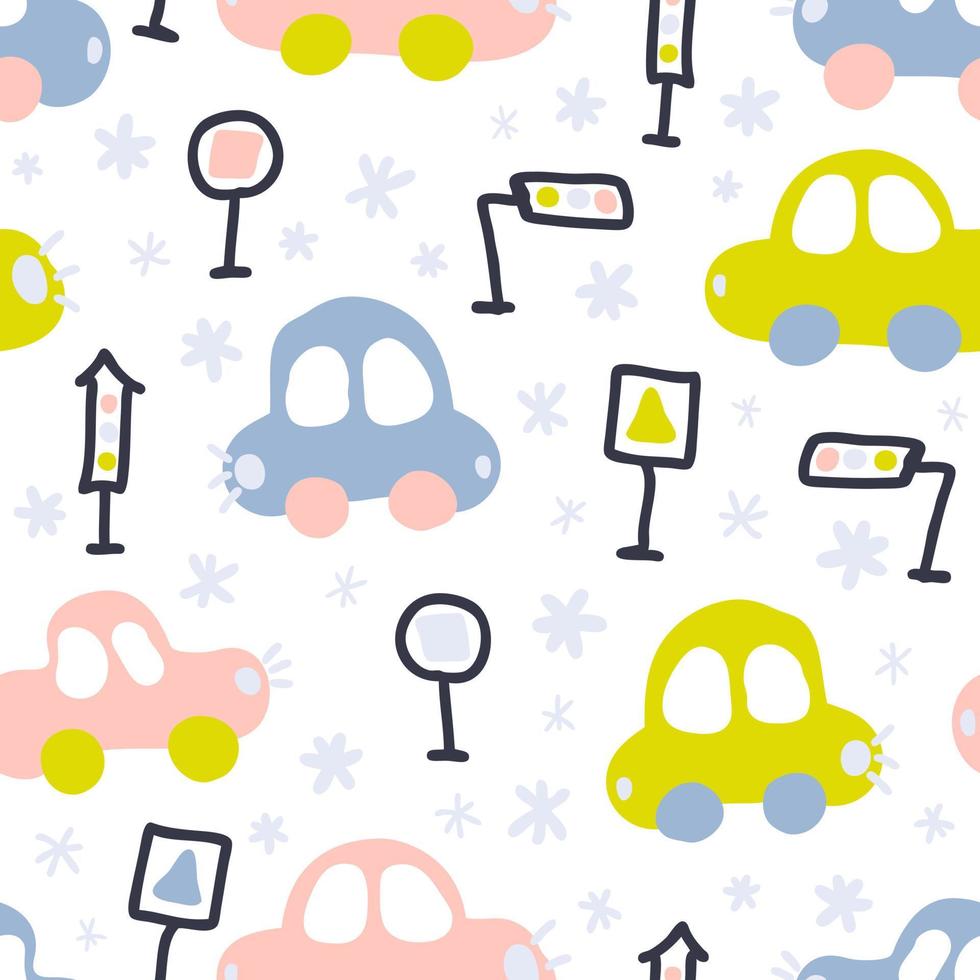 Hand drawn winter seamless pattern of cars in snowfall. vector