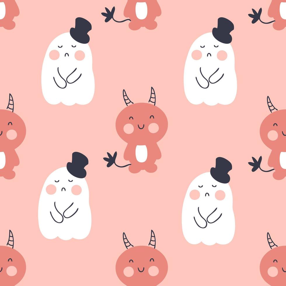 Seamless Halloween pattern with devils and ghosts in top hats. vector
