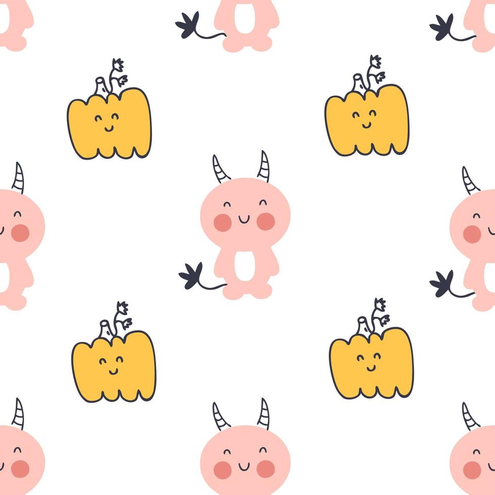 Halloween seamless pattern with devils and pumpkins. vector