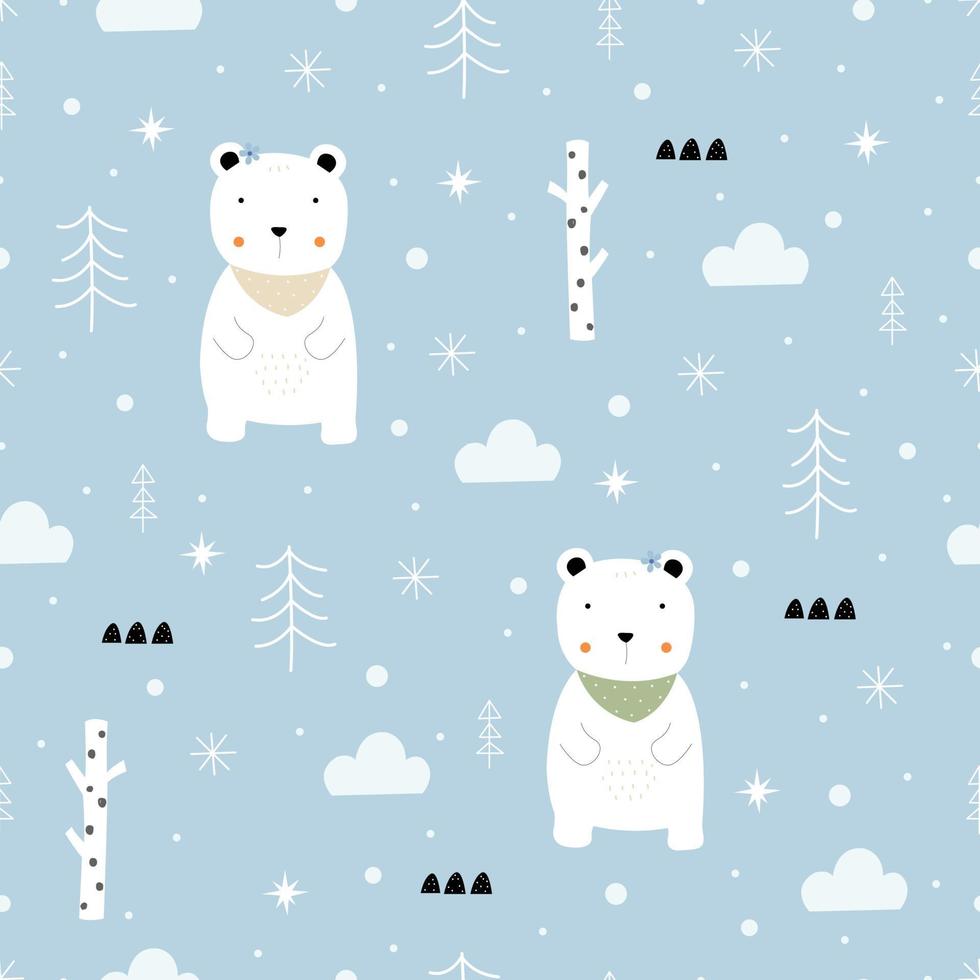 Fondo de invierno de vector de patrones sin fisuras con oso blanco y nieve diseño dibujado a mano en estilo de dibujos animados, uso para tela, moda, textiles.