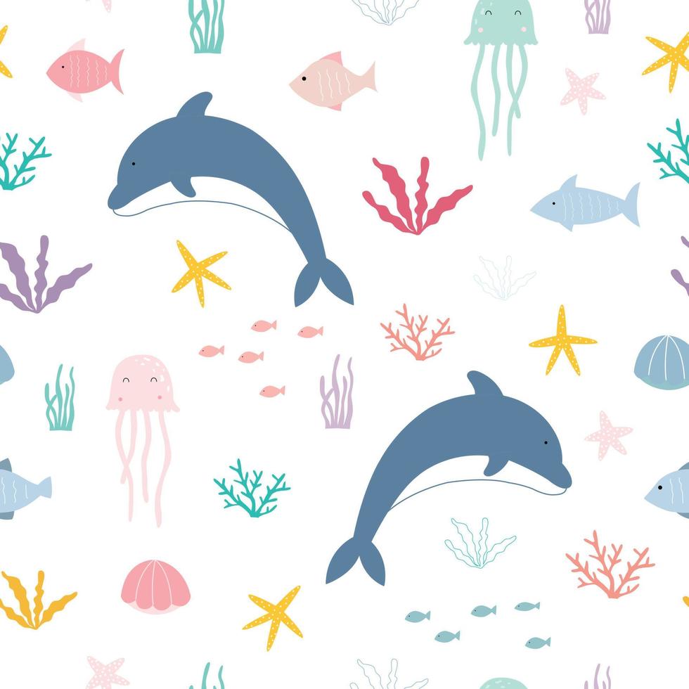 Los delfines de patrones sin fisuras de dibujos animados están flotando en el mar Fondo de vida marina dibujado a mano en estilo infantil utilizado para telas, ilustración de vector de moda de textiles