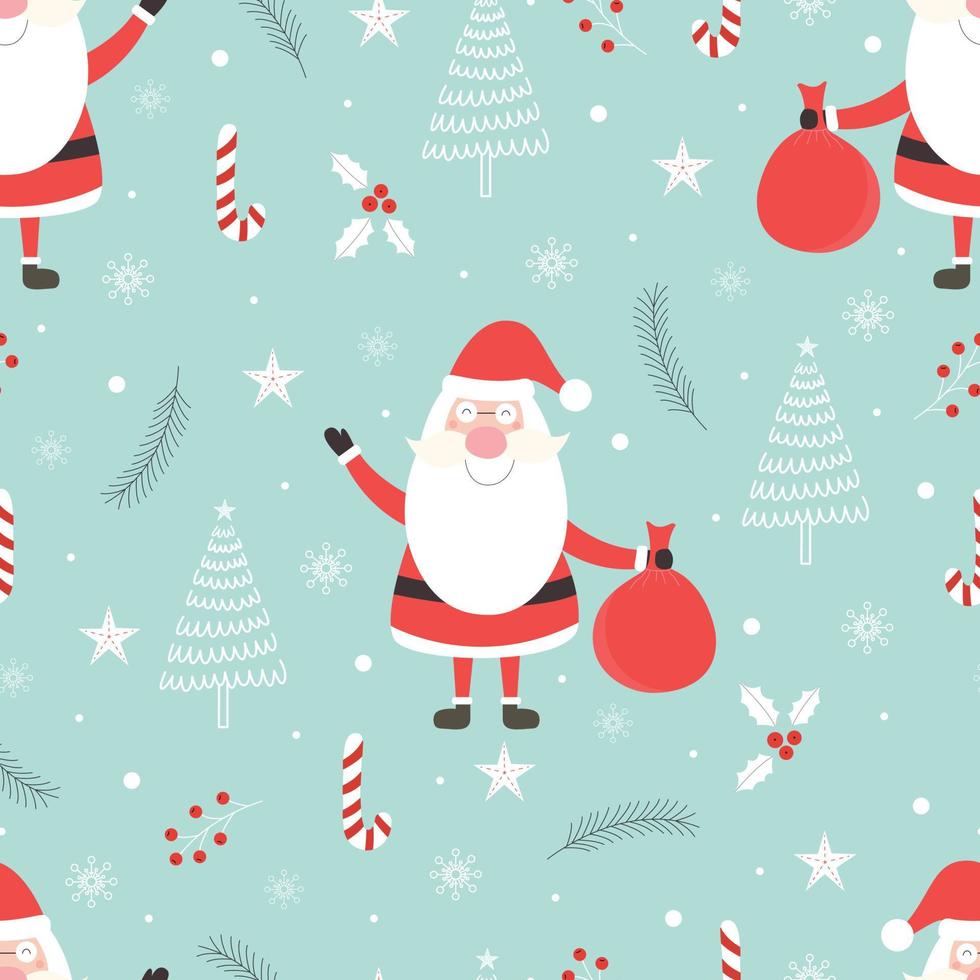 Fondo de Navidad de patrones sin fisuras tiene santa claus con regalos y diseño dibujado a mano de árbol de Navidad en estilo de dibujos animados, uso para impresión, papel tapiz de celebración, tela, textil. ilustración vectorial vector