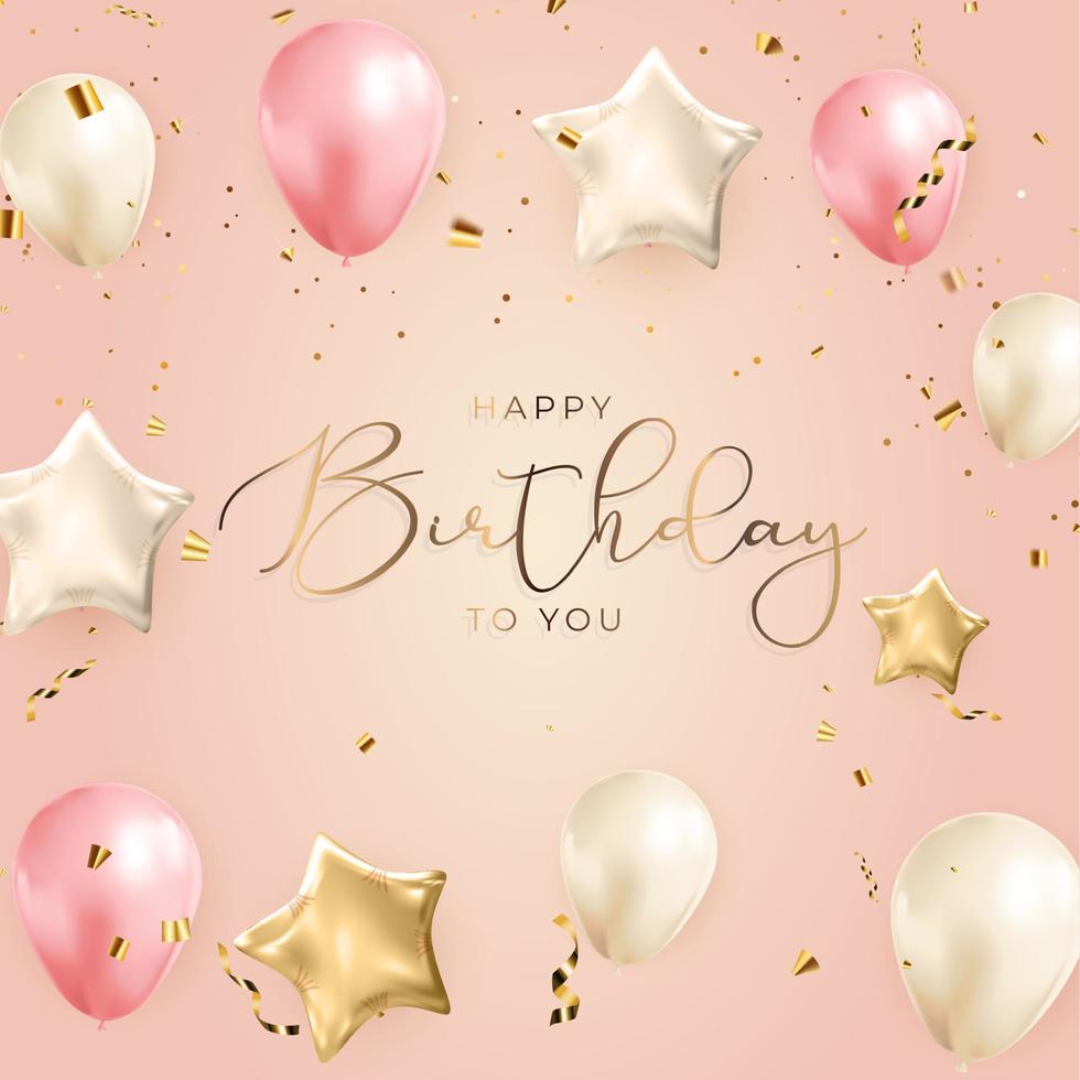 Happy Birthday congratulations banner design with Confetti, Balloons and Glossy Glitter Ribbon for Party Holiday Background. Vector Illustration