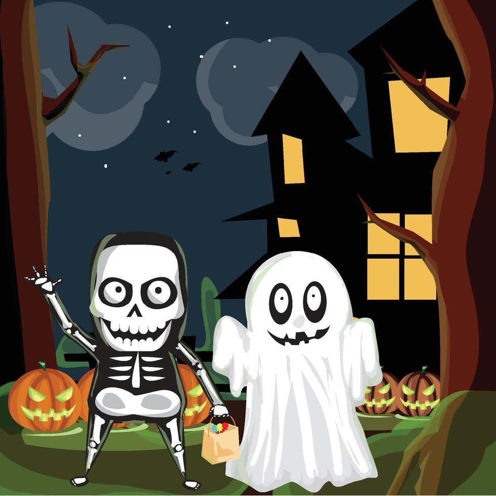 Halloween skull man and ghost scary vector