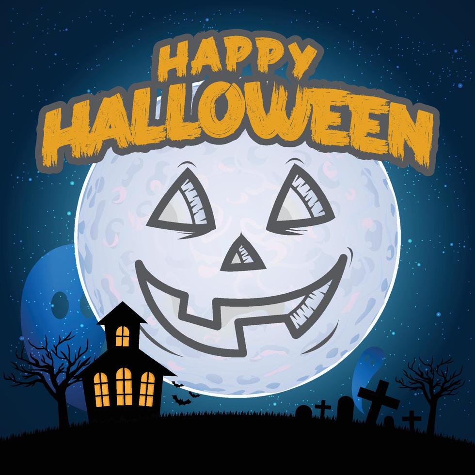 Feliz tarjeta de calabazas de miedo de halloween con sonrisa de luna y castillo vector