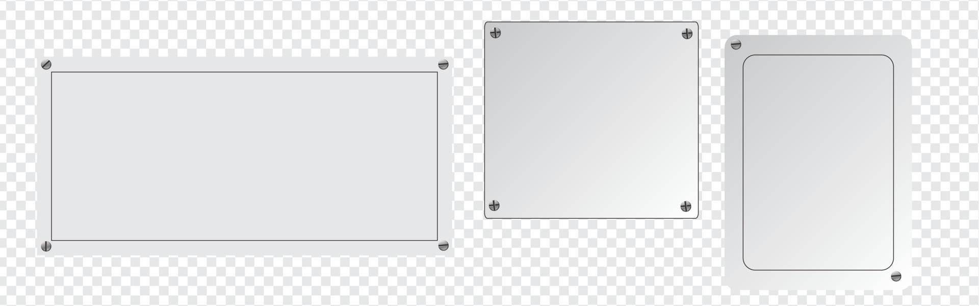 Metal plates. Steel plate, stainless panel chrome tag with screws. Industrial technology metallic blank realistic vector