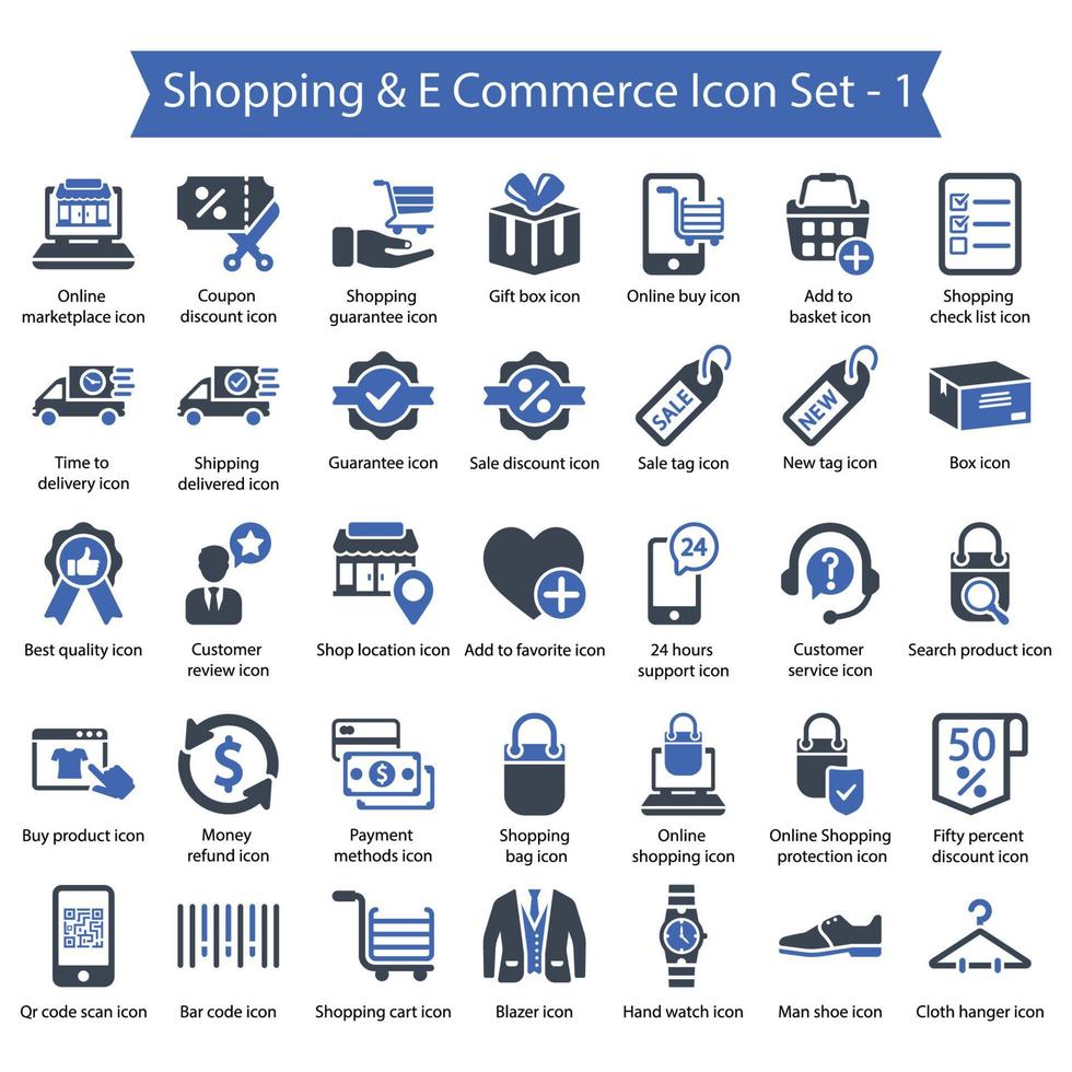 conjunto de iconos de compras y comercio electrónico 1 vector