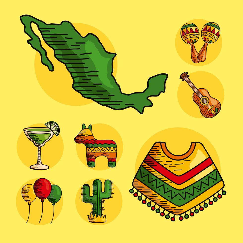 mexican eight icons vector