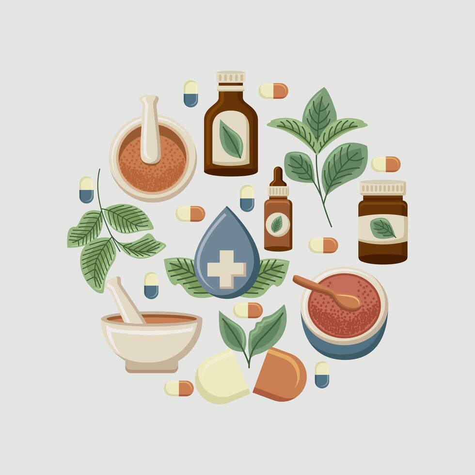 alternative medicine icons around vector