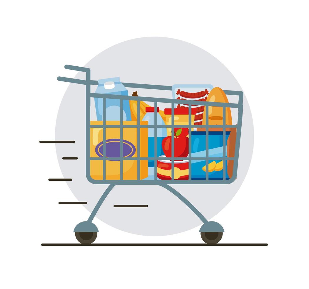 speed shopping cart with groceries vector