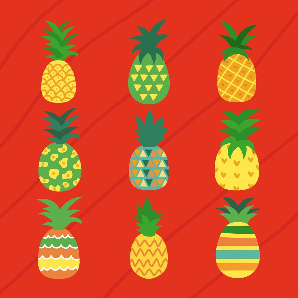 nine pineapples icons vector