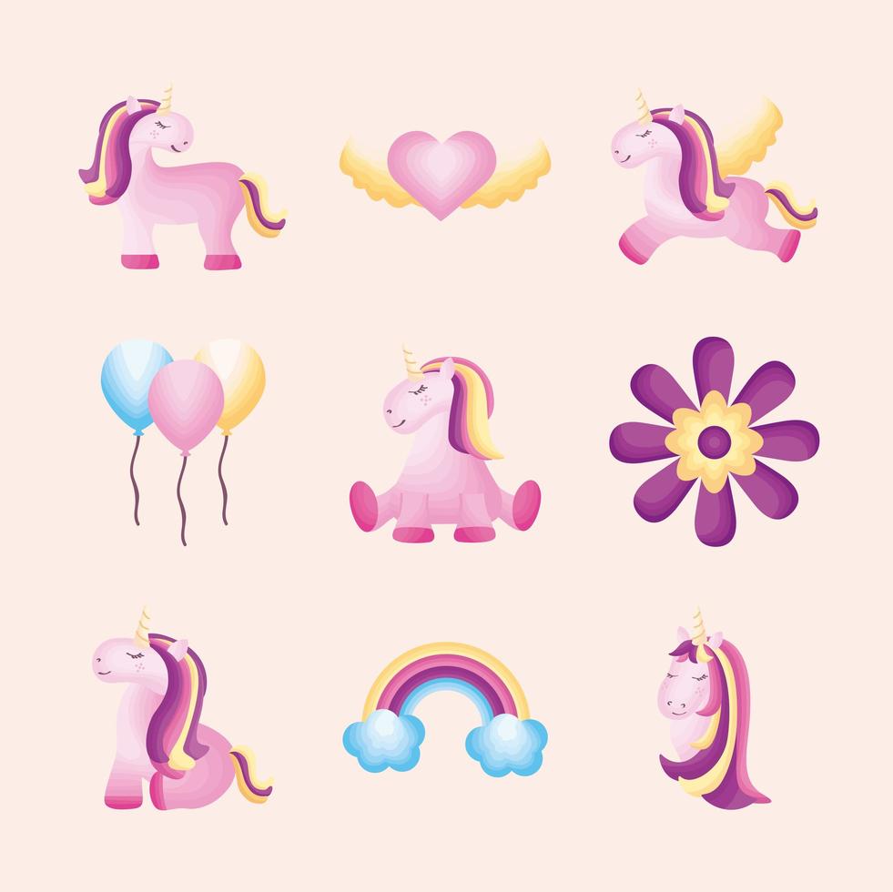 bundle unicorns icons vector