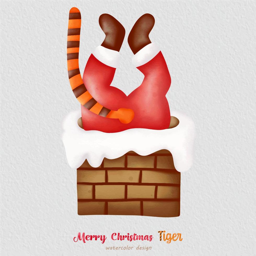 Christmas Tiger watercolor illustration, with a paper background. For design, prints, fabric, or background. Christmas element vector. vector