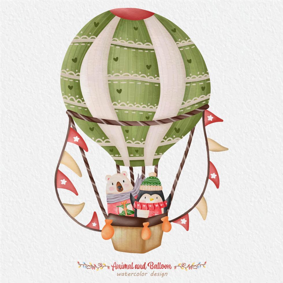 Cute animal and balloon watercolor illustration, with the paper background. For design, prints, fabric, or background vector