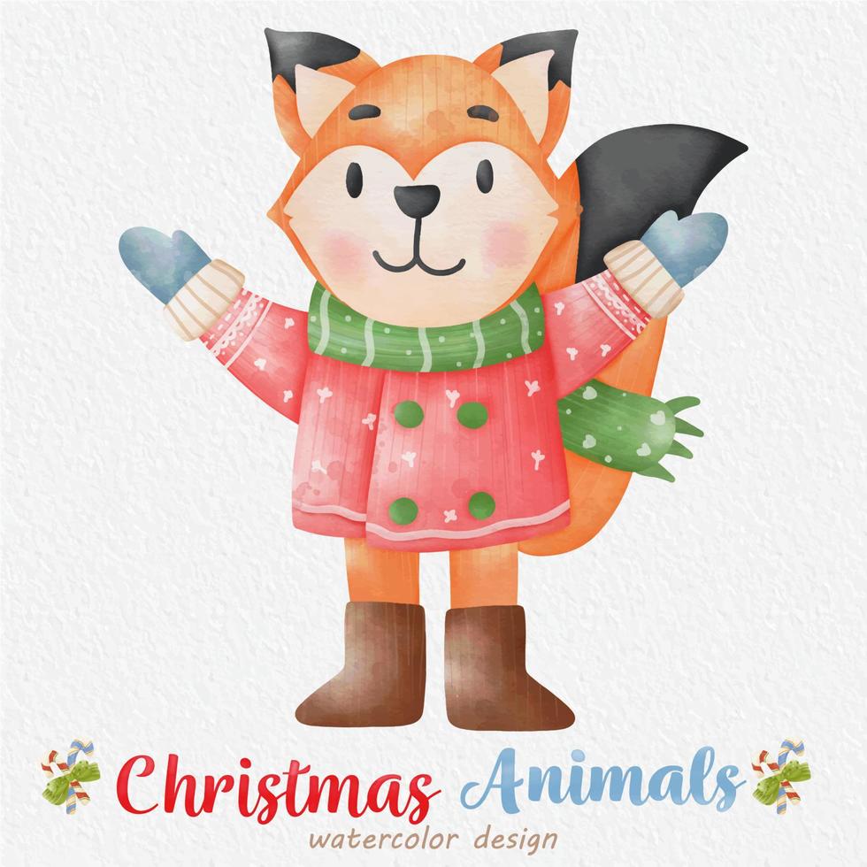Christmas Fox watercolor illustration, with a paper background. For design, prints, fabric, or background. Christmas element vector. vector
