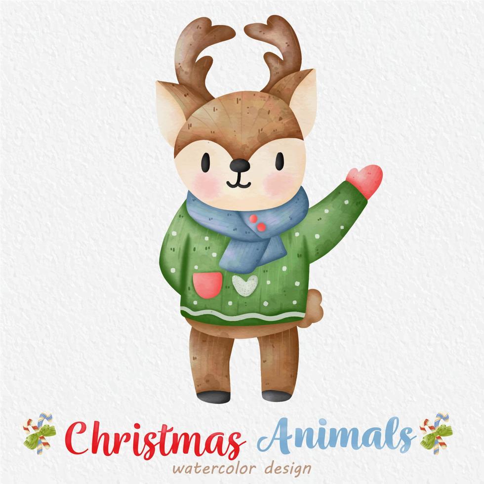 Christmas Reindeer watercolor illustration, with the paper background. For design, prints, fabric, or background vector