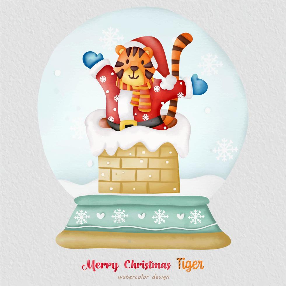 Christmas Tiger watercolor illustration, with a paper background. For design, prints, fabric, or background. Christmas element vector. vector