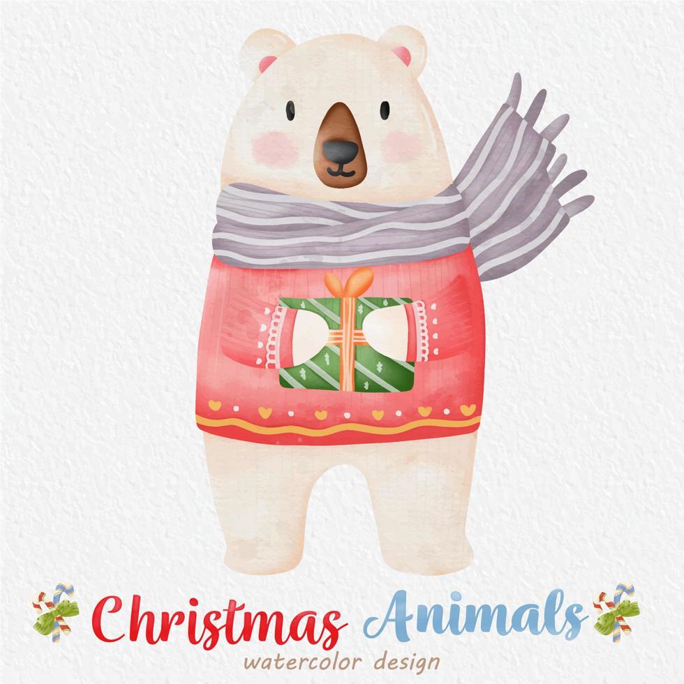 Christmas Bear watercolor illustration, with a paper background. For design, prints, fabric, or background. Christmas element vector. vector