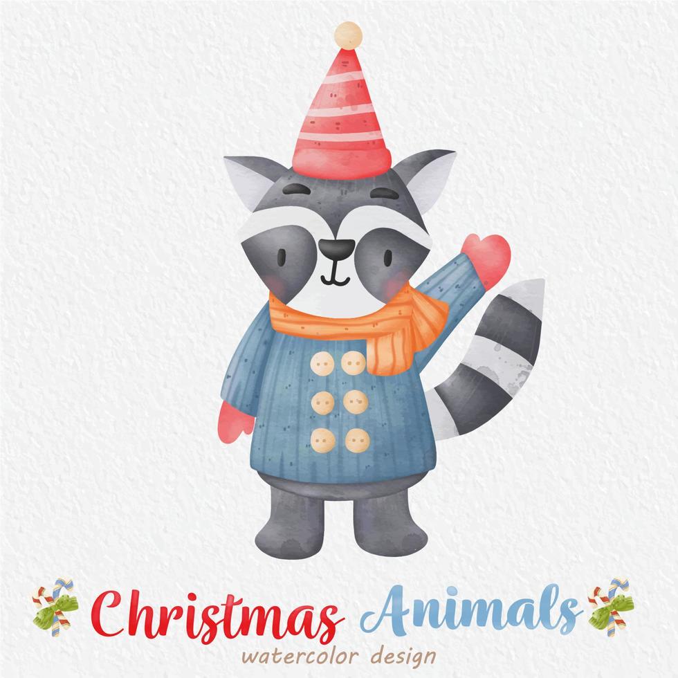 Christmas Raccoon watercolor illustration, with the paper background. For design, prints, fabric, or background vector