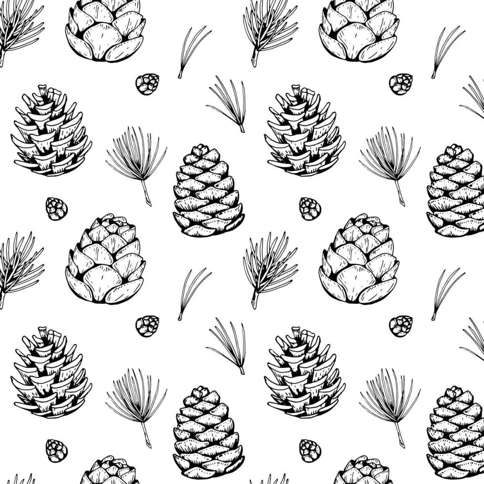 Hand drawn Christmas seamless pattern with fir tree and pine tree branches and cones isolated on white background. Vector illustration in sketch style