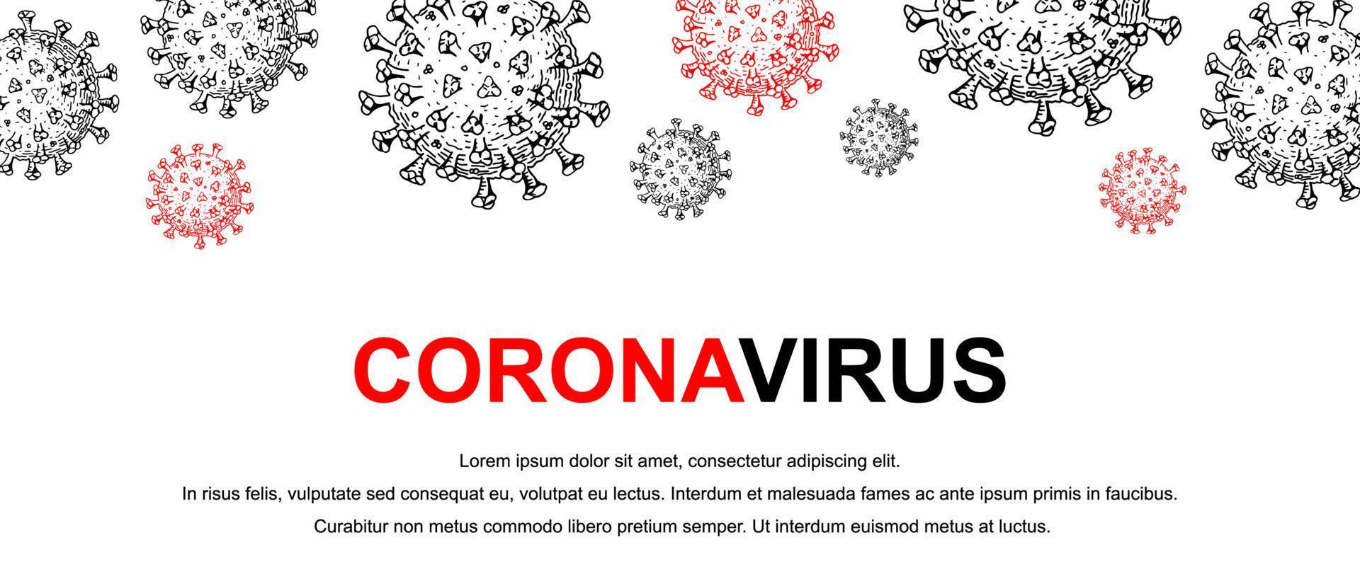 Banner de coronavirus con elementos de diseño dibujados a mano. virus de microscopio de cerca. ilustración vectorial en estilo boceto. covid-2019 vector