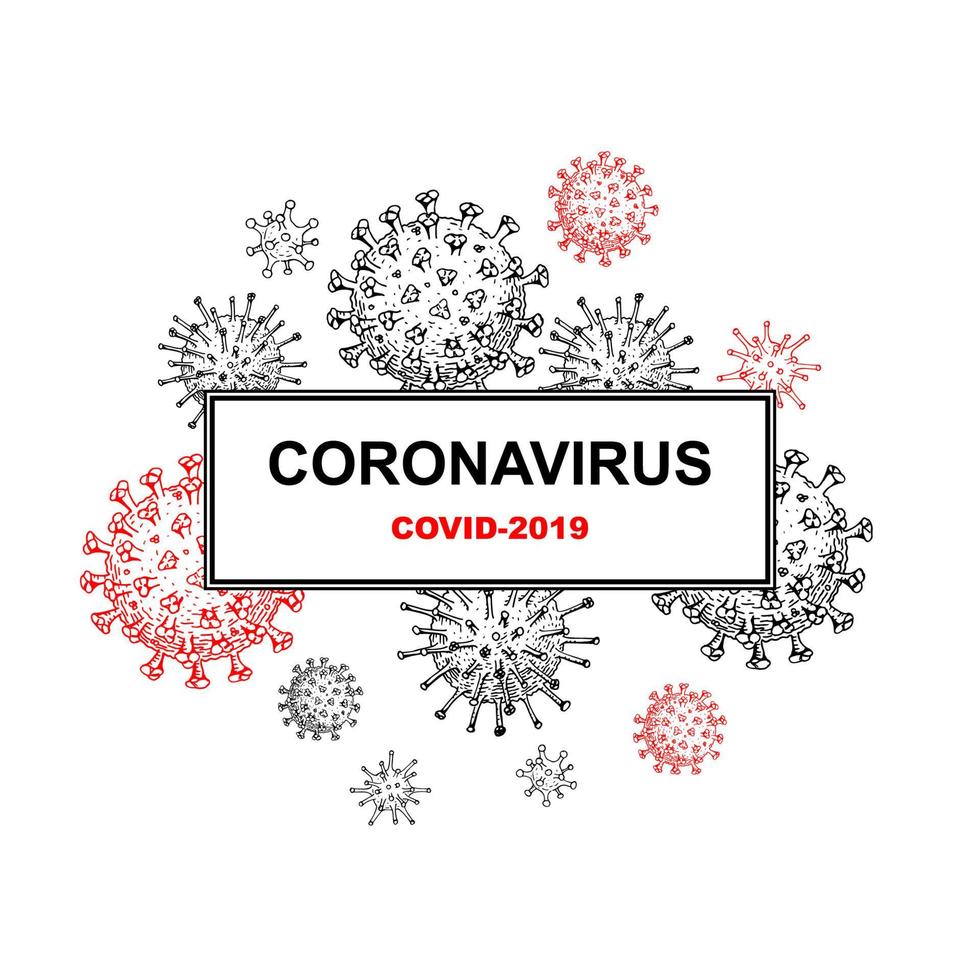Coronavirus concept with hand drawn design elements. Microscope virus close up. Vector illustration in sketch style. COVID-2019