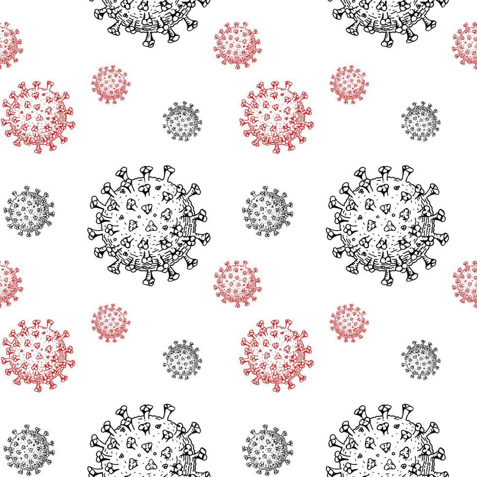 Hand drawn coronavirus seamless pattern in sketch style. Microscope virus close up. Vector illustration. COVID-2019