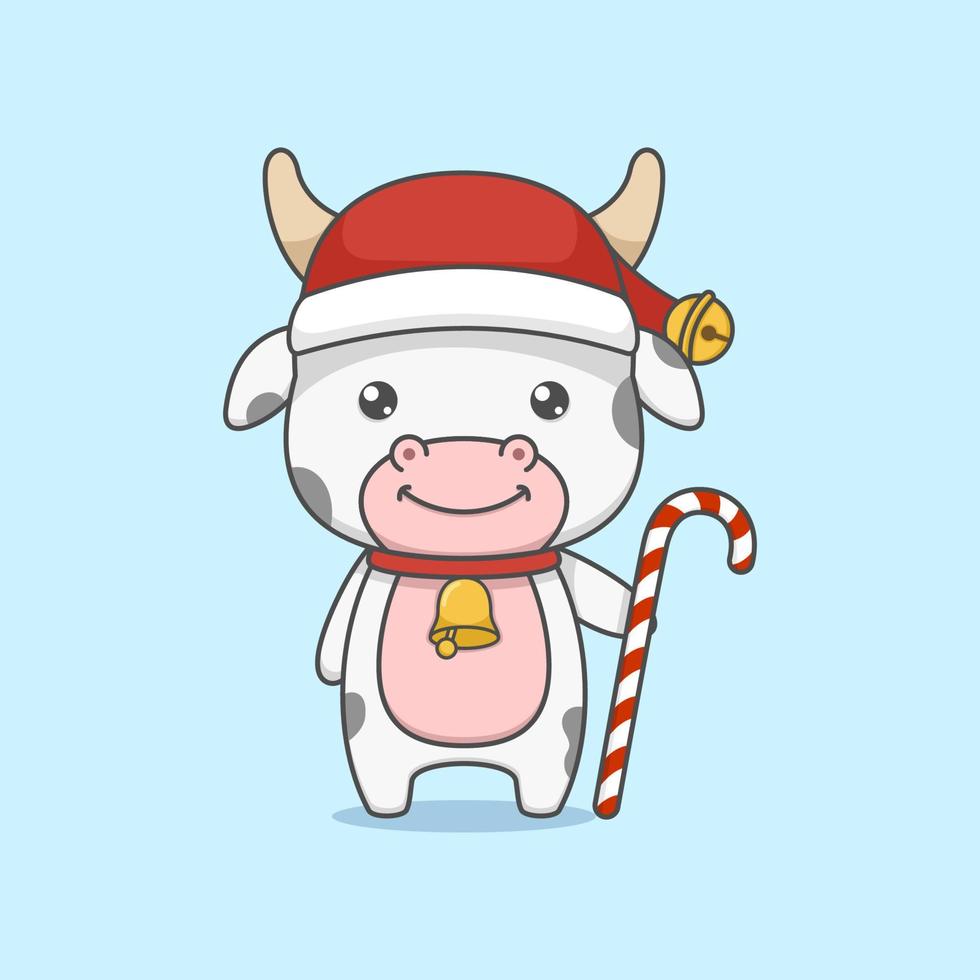linda vaca navideña con bastón de caramelo vector