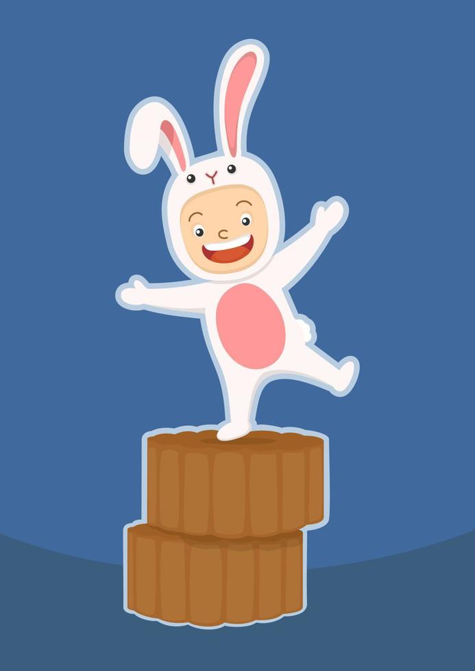 Cute Kid In Rabbit Costume On Mid Autumn Festival Mooncake vector