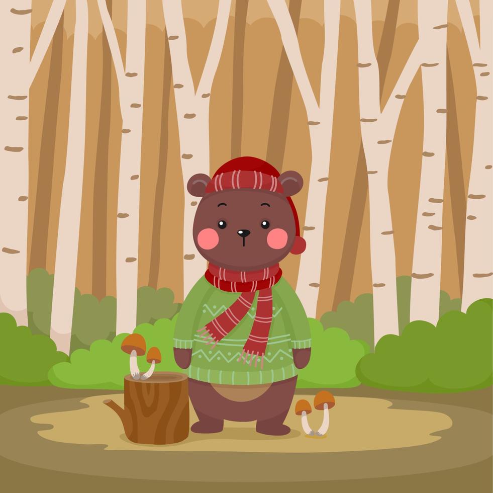 oso de dibujos animados lindo con suéter en la ilustración del bosque vector
