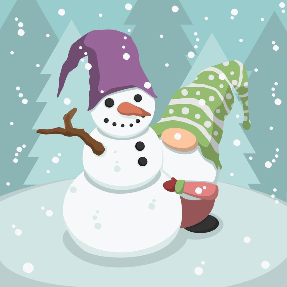 Cute Cartoon Christmas Gnome And Snowman vector