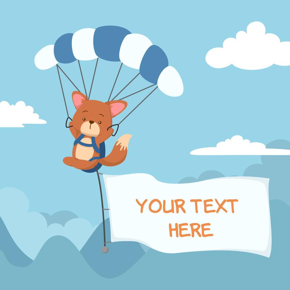 Cute Cartoon Fox Flying With Parachute And Flag vector