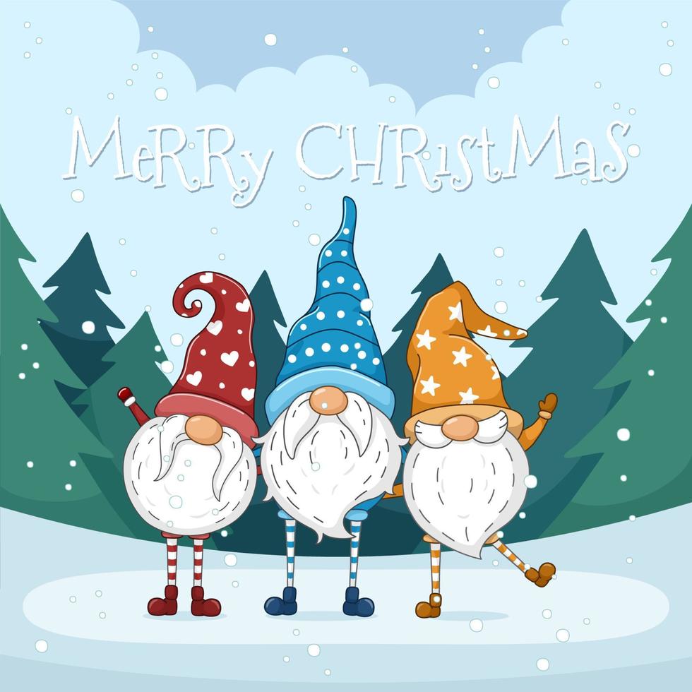 Cute Christmas Gnomes In Winter Forest Background vector