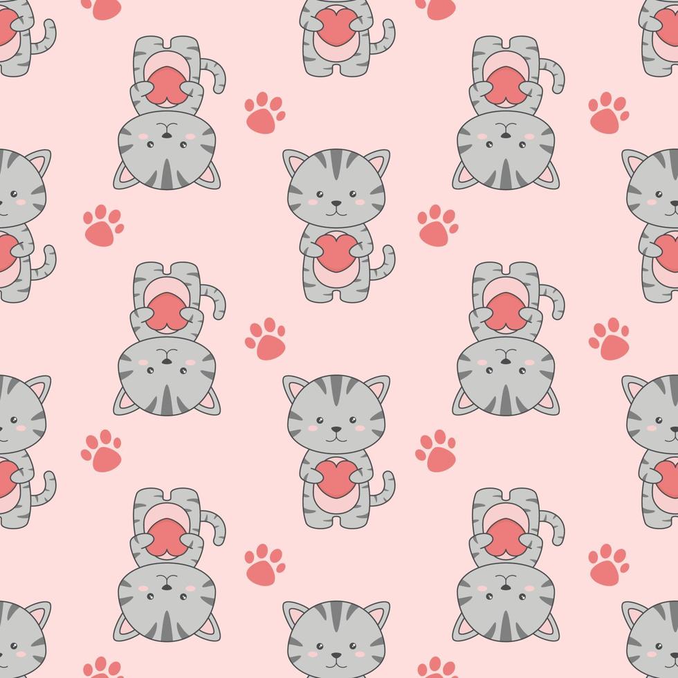 Cute Cartoon Cat And Heart Seamless Pattern vector