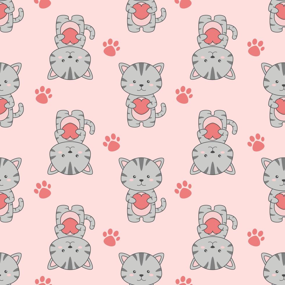 Cute Cartoon Cat And Heart Seamless Pattern vector